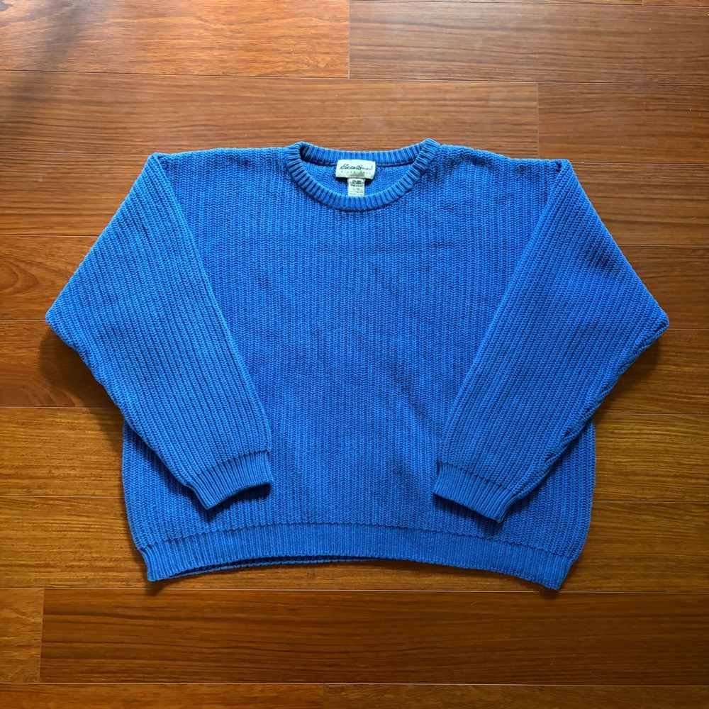 Eddie Bauer Mens L Blue Knit Chunky Cotton Sweater Vintage 90s Baggy Australia